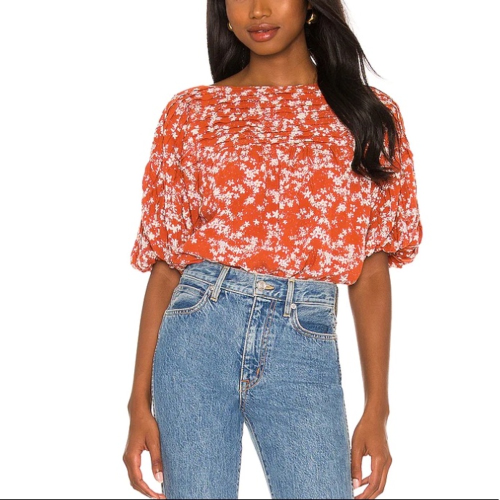 Free People Dessa Floral Print Pleated Bodysuit in Rust Combo XS